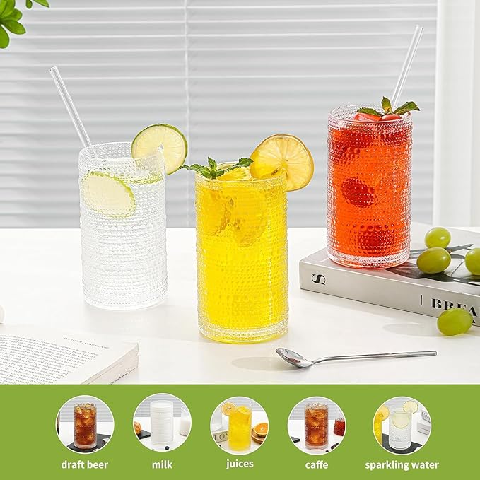 16oz Clear Hobnail Drinking Glasses with Straws Set of 12, Highball Glasses Cups, Kitchen Water Glasses Cup, for Cocktail, Juice, Whiskey, Milk and Various Mixed Drinks