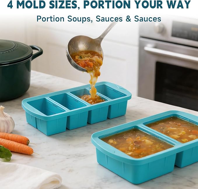 4-Pack Silicone Freezer Trays with Lid & 20 Bags - Multi-Size 1-Cup & 2-Cup Portions, Food-Grade Silicone Freezer Molds for Soup & Meal Prep - Freezer Storage Containers, Oven & Dishwasher Safe - Blue