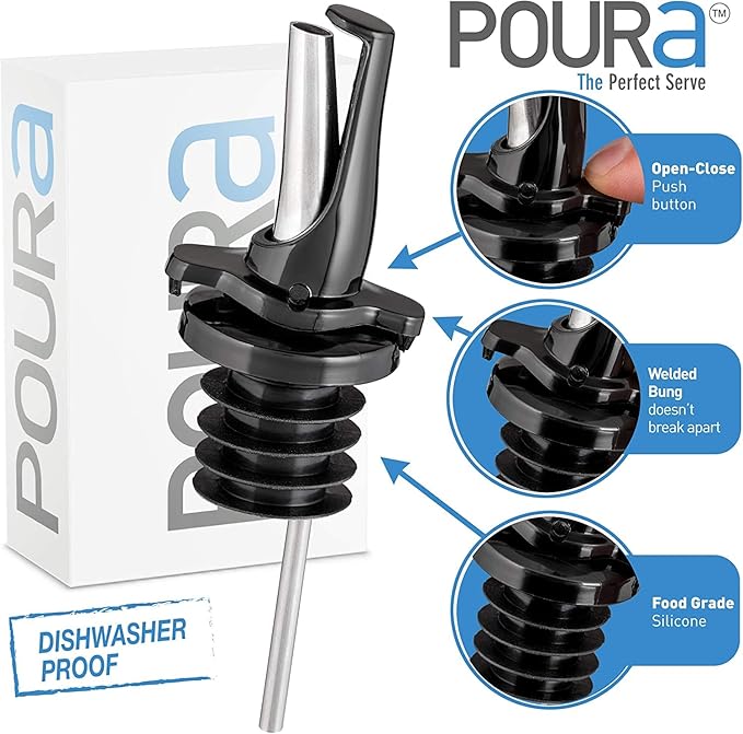 Poura 8 Liquor Pour Spouts (Black) with Built-in Caps for Optimal Fly & Dust Protection - Dishwasher Safe, Hygienic Spouts