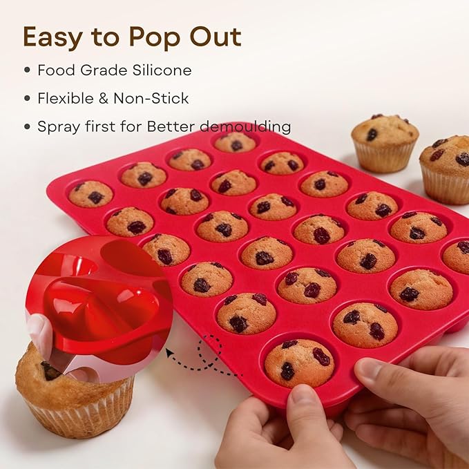 Silicone Muffin Pans for Baking Nonstick 2 Pcs, 24 Cup Mini Cupcake Pan, Food-Grade Silicone Baking Molds for Cupcakes, Freezer, Red