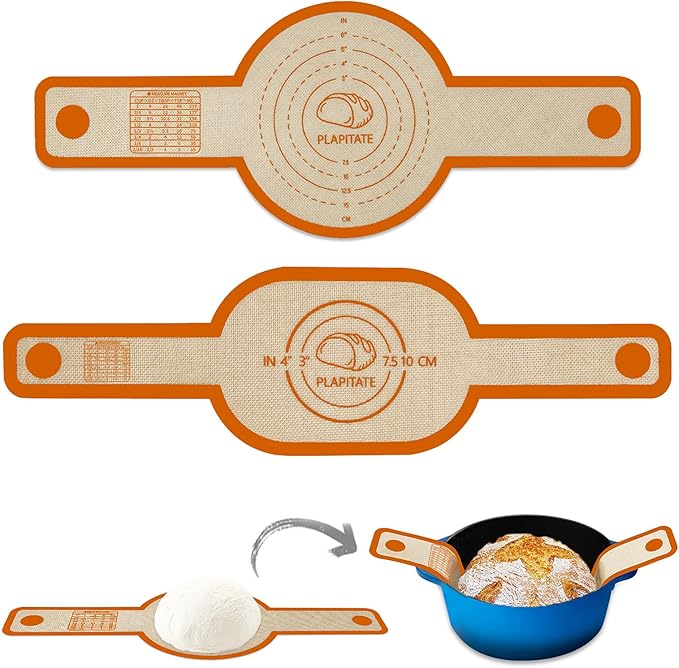 PLAPITATE Silicone Bread Sling Dutch Oven Liner, Non-Stick & Easy Clean Reusable Oval and Round Silicone Bread Baking Mat with Long Handles, Easy to Transfer Sourdough Bread - 2 Orange Set