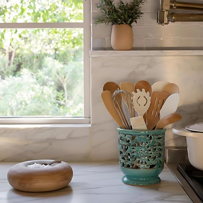 Farmhouse Kitchen Utensil Holder for Countertop, Ceramic Large Cooking Utensil Crock with Cork Mat, Hollow Carving Decorative Rustic Utensil Holder for Kitchen Counter, Antique Blue