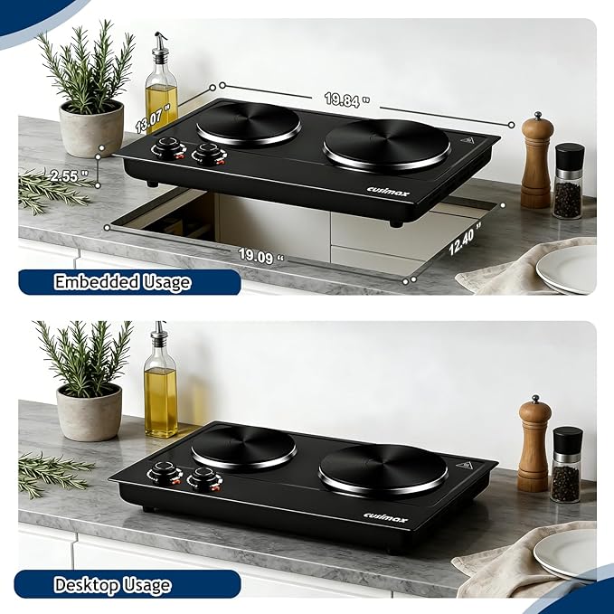 CUSIMAX Hot Plate, 1800W Electric Burner Double Hot Plate for Cooking Countertop Burner with Adjustable Temperature Control, Portable Electric Cast Iron Hot Plates Cooktop, Easy to Clean, Black