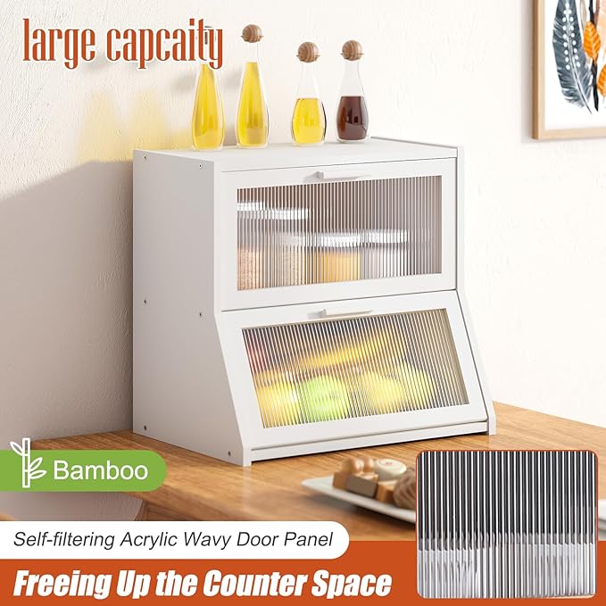 GHWIE Double Layer Bamboo Bread Box for Kitchen Counter,Large Capacity Bread Storage Bin,Bread Container with Acrylic Wavy Door Panel (White, Extra Large)