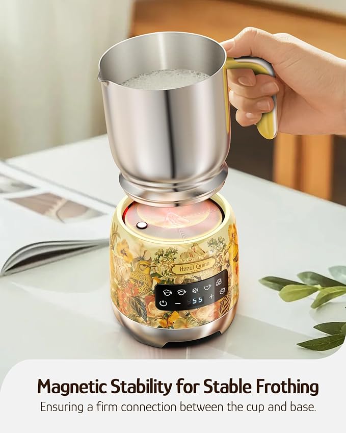 Hazel Quinn Milk Frother - Hot and Cold Detachable Milk Frother with Adjustable Temperature & Foam Thickness, Dishwasher Safe, for Latte/Cappuccino/Hot Chocolate, 400ML (13.5oz) - Floral Printed