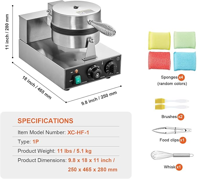 VEVOR Commercial Waffle Maker, 1230W Round Waffle Baker Machine, Non-Stick Stainless Steel Belgian Waffle Iron with Temperature and Time Control, Handle, for Restaurant Bakery Snack Bar Family
