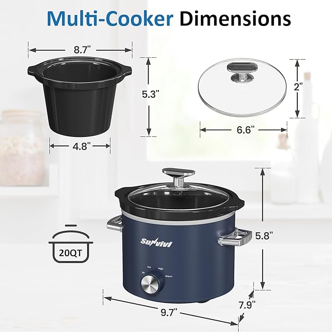 Sunvivipro 2QT Small Slow Cooker with Removable Ceramic Pot, Food Warmer with 3 Heating Settings & Dishwasher Safe Glass Lid, Blue