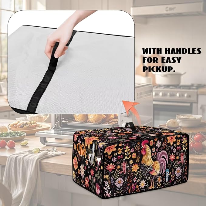Microwave Oven Cover Air Fryer Toaster Oven Dust Cover with Accessory Pockets, Stain-resistant Small Electric Appliance Protector for Kitchen, M, Rooster Chicken Floral Black