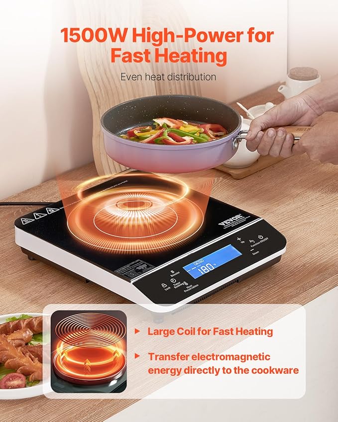 VEVOR Portable Induction Cooktop, 1500W Electric Induction Burner with 9 Temperature Settings, Countertop Induction Hot Plate with 4H Timer, 24H Reservation, Child Lock, Easy to Clean, for Cooking