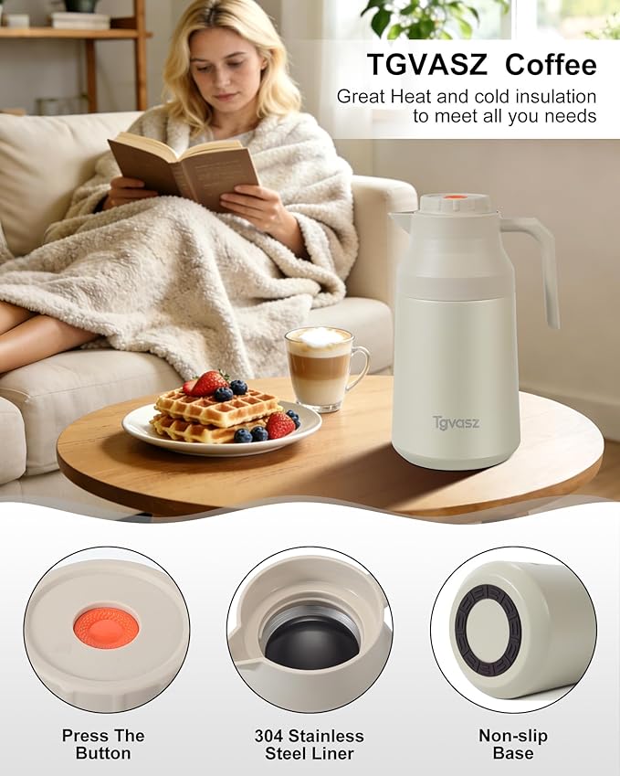 2 PCS Thermal Coffee Carafe Insulated Stainless Steel Coffee Carafe for Hot Liquid Vacuum Thermal Pot Creamer Pitcher Dispenser Keeping Hot Water Milk(White/Wthite 68 oz)