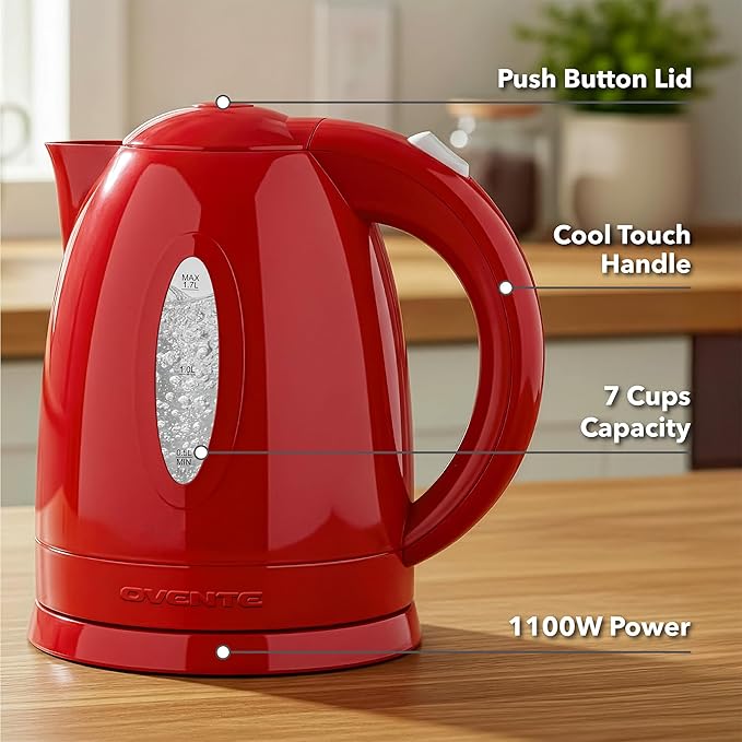 OVENTE Electric Kettle, 1.7L Fast Boiling Water Heater for Coffee or Tea, BPA Free with Water Level Gauge, Auto Shut-Off, Boil-Dry Protection, Indicator Light and Removable Filter, Red KP72R