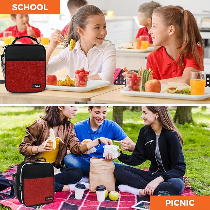 opux Premium Insulated Lunch Box, Soft School Lunch Bag for Kids Boys Girls, Leakproof Small Lunch Pail Men Women Work, Reusable Compact Cooler Tote Lunchbox for Office Adult, Heather Red