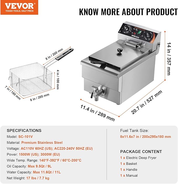 VEVOR Commercial Deep Fryer, 1500W Electric Countertop Fryer with Basket, 11.6Qt / 11L Stainless Steel Single Oil Fryer with Time & Temp Control, Overheat Protection, for Kitchen Restaurant Use