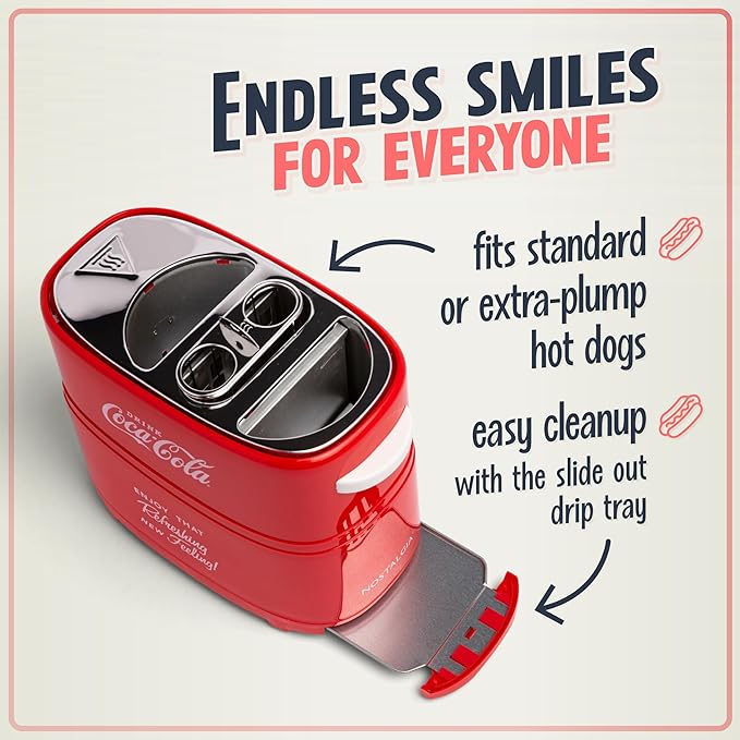 Nostalgia Coca-Cola Hot Dog Toaster - 2 Slot Bun Mini Tongs - Works with Chicken, Turkey, Veggie Links, Sausages and Brats - Coke Red