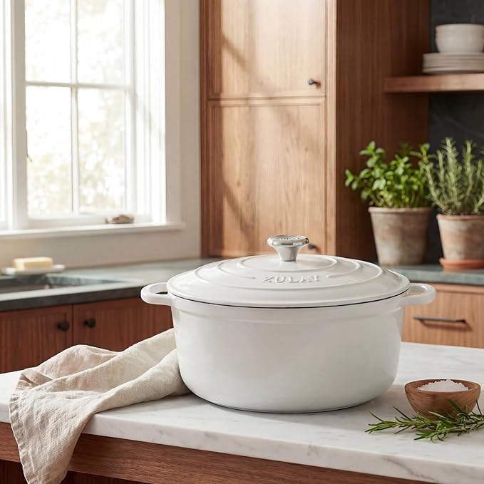 Zulay Kitchen 7.7 Quart Enameled Cast Iron Dutch Oven Pot with Lid – Premium Durability & Oven Safe up to 500°F – Heavy Duty Cookware Perfect for Bread Baking, Stews, Braising & Roasting – White