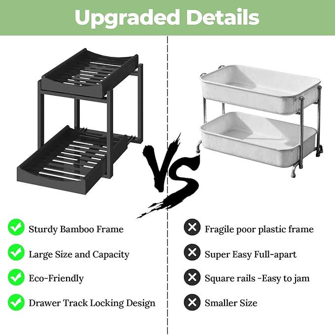 MHXW SXPN Bamboo Under Sink Organizer and Storage, Pull Out Cabinet Organization, 2 Tier Vertical Slide Out Undersink Storage Shelf, Organizer Shelves for Kitchen Bathroom Medicine (Black, 2 Pack)