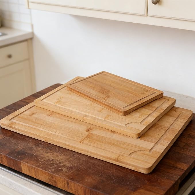 BAFOVY 3pcs Wood Chopping Boards Set, Smooth Cutting Boards with Grooves and Inner Handles, for Kitchen Food Prep and Serving