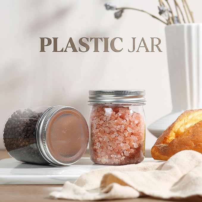 novelinks 8 oz Clear Plastic Jars with Airtight Lids, 48 Pack Plastic Mason Jars with Lids 8oz, Refillable Storage Slime Containers & Small Spice Jar for Kitchen Organization (48 Pack,Silver)