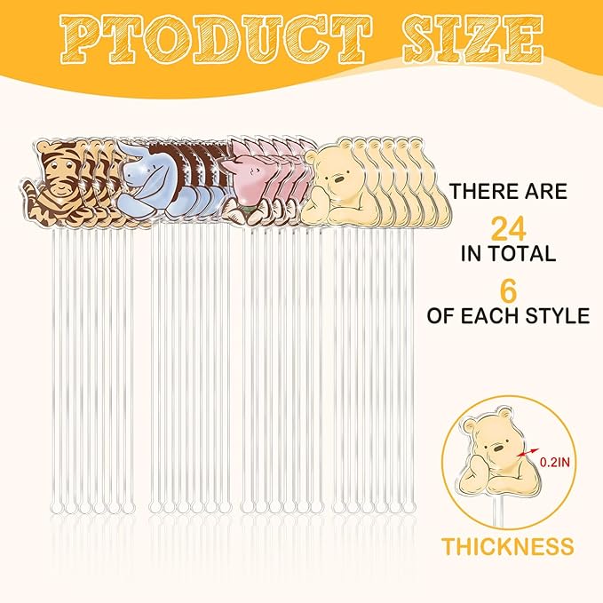 24 Pieces Disposable Acrylic Stirring Sticks for Cocktails Custom Drink Stirrers, Winnie Bear Baby Shower Party Drinks Decorations