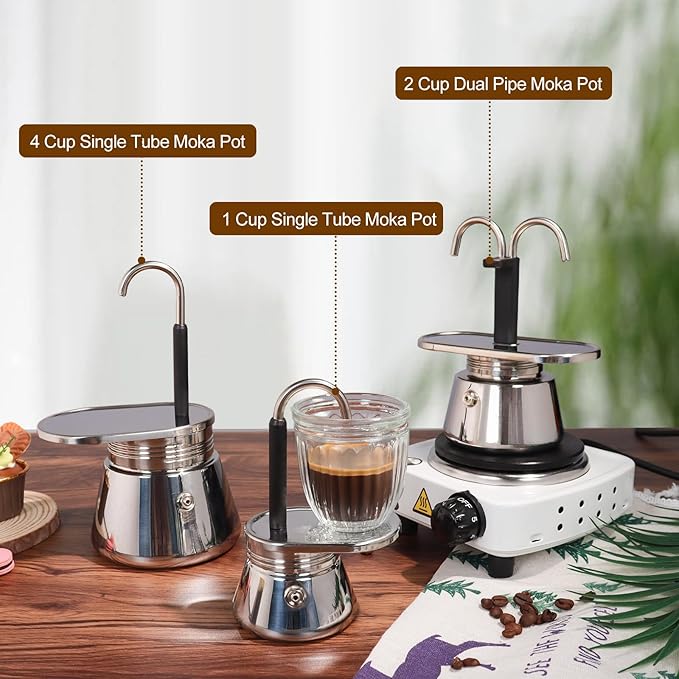 2 Cup Dual Pipe Moka Pot Stainless Steel Stovetop Espresso Maker Cafeteras Italian Percolator Espress Makers Capable Greca Mocha Coffee Machine for Induction Home 150ml 5.1oz