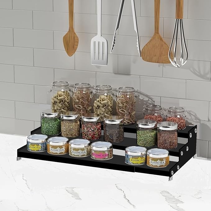 Jojocross Spice Rack Organizer for Cabinet, 3 Tier Expandable Spices Storage, Great for Kitchen Cabinets, Cupboard,Pantry and Countertop More 2 Packs/Black