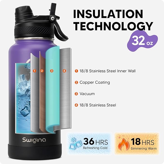 Swigina [2-IN-1 LID] Insulated Water Bottle with Silicone Boot (36hrs Cold/18hrs Hot) - DIY Stickers, Leakproof, BPA Free, 32 oz
