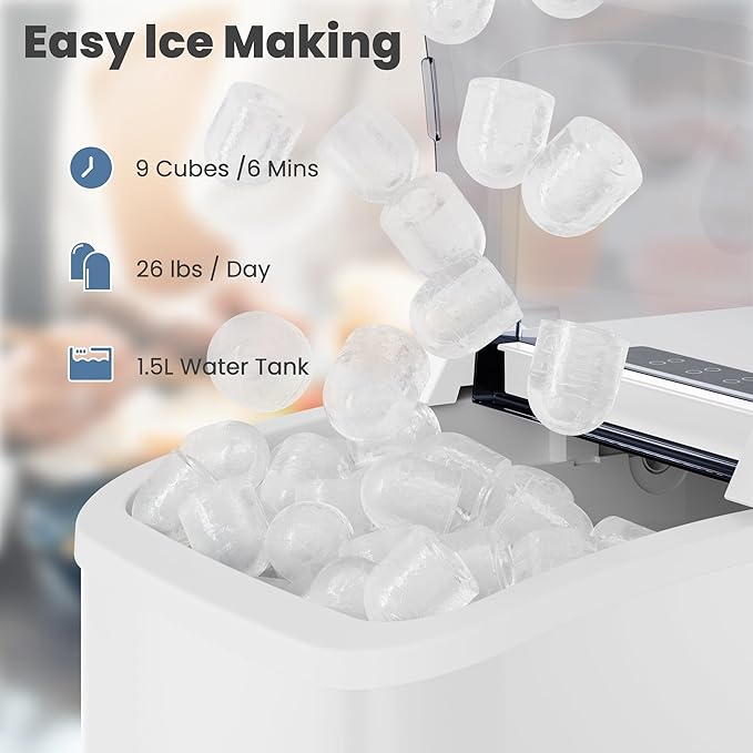 DUMOS Countertop Ice Maker with Handle, 26lbs/24H Portable Ice Machine, 9 Bullet Ice Cubes Ready in 6 Mins, Self-Cleaning, Quiet Compact Ice Maker for Home, Kitchen, RV, Camping, White