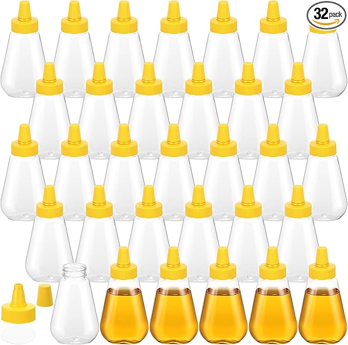 Ziliny 32 Pcs 7 oz Honey Squeeze Bottle Plastic Empty Beehive Bottle Jar with Spout Lid Clear Refillable Honey Containers for Condiment Storing and Dispensing Dispenser (Scalloped)