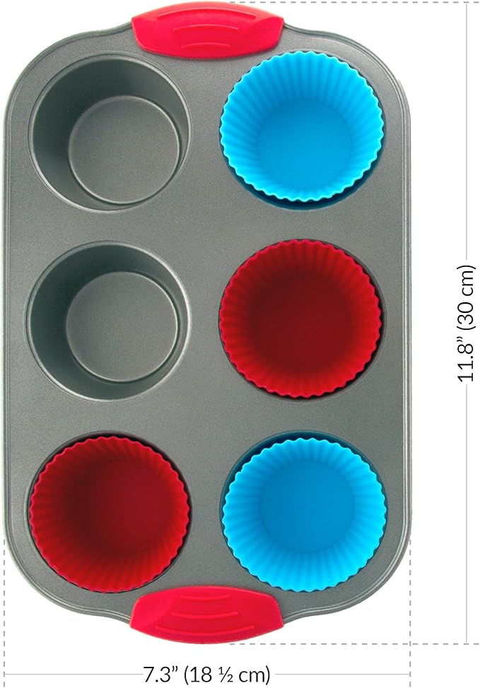 Baking Set: Non-Stick Steel Jumbo 6 Cup Muffin Pan with Silicone Handles & Reusable Liners and 9 Inch Silicone Round Cake Pan with Steel Frame Handles - Bake, Enjoy, Repeat!