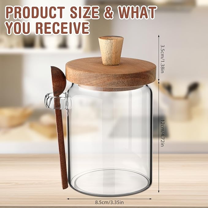 Remerry Set of 6 Glass Jar with Wooden Lid and Spoon, Clear Airtight Spice Canisters Glass Food Storage Kitchen Containers Set for Coffee Bean Tea Sugar (20 oz)