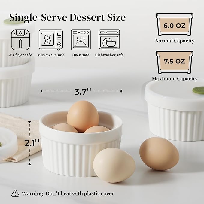 DOWAN Ramekins with lids 6 oz, Creme Brulee Ramiken Oven Safe, Ceramic Baking Bowls Souffle Dishes, Custard Cups Charcuterie Boards Bowls Dipping Sauces, Set of 6, White