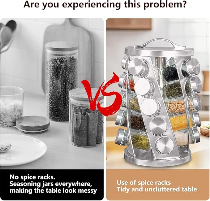 Portable Stainless Steel Spice Rack with 16 Spice Jars Included Revolving Spice Organizer for Kitchen Tower Storage Rack for Spices and Seasoning Gold