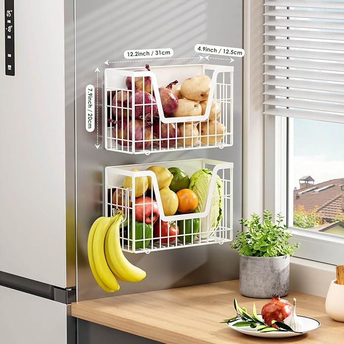 2 Set Magnetic Fridge Shelf, White Magnetic Fruit Basket for Refrigerator Organizer Storage, Potato and Onion Storage Bins, Wire Baskets Magnet Rack for Laundry Washing Machine Kitchen Shelves