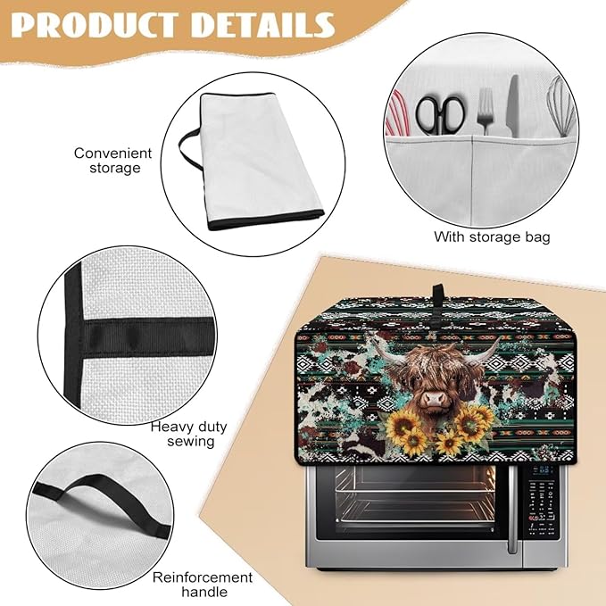 Toaster Oven Dust Cover Washable Fabric Convection Oven Cover Protector Compatible with Various Small Kitchen Appliances, S, Aztec Highland Cow Sunflower
