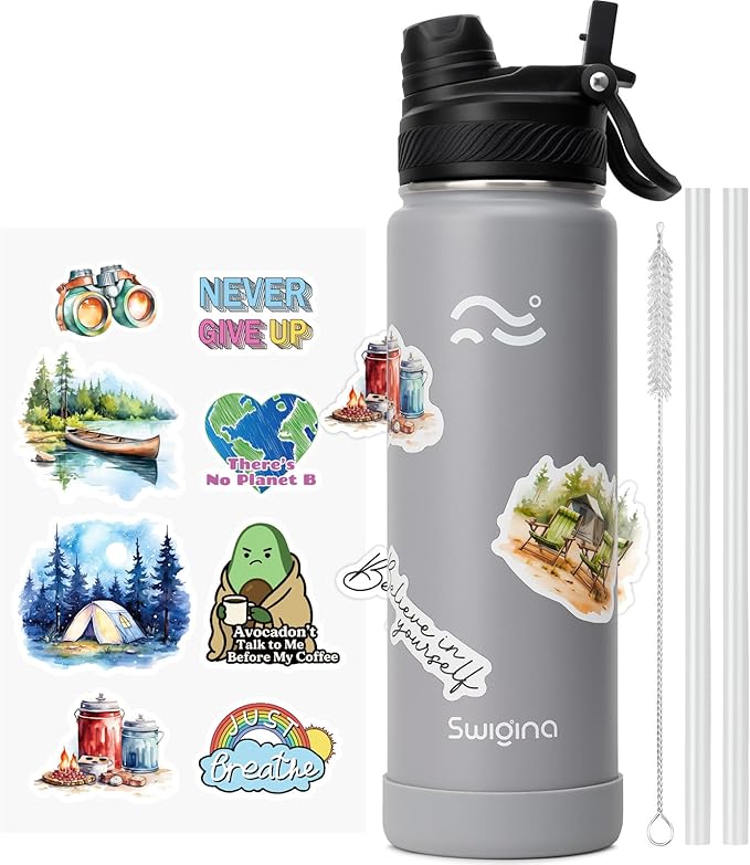 Swigina [2-IN-1 LID] Insulated Water Bottle with Silicone Boot (36hrs Cold/18hrs Hot) - DIY Stickers, Leakproof, BPA Free, 24 oz