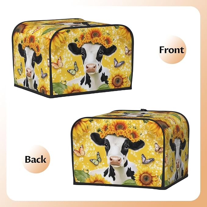 Cow with Sunflower Covers for Toasters 4 Slice,Cute Funny Bread Machine Cover with Handle,Washable Stain Resistant Kitchen Small Appliance Cover Dining Decor