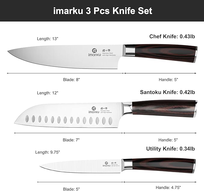 imarku 3 Pieces Knife Set, Japanese High Carbon Stainless Steel Chef Knife Set, Professional Chef Knives with Ergonomic Pakkawood Handle, Ultra Sharp Cooking Knives for Kitchen & Home Cooking