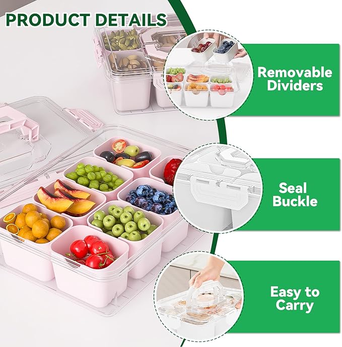 REBECAT Divided Serving Tray with Lid and Handles 8 Compartments Snack Box Container Charcuterie Organizer Snackle Box Container for Candy,Nuts，Fruits,Snacks,2 Pack,Pink