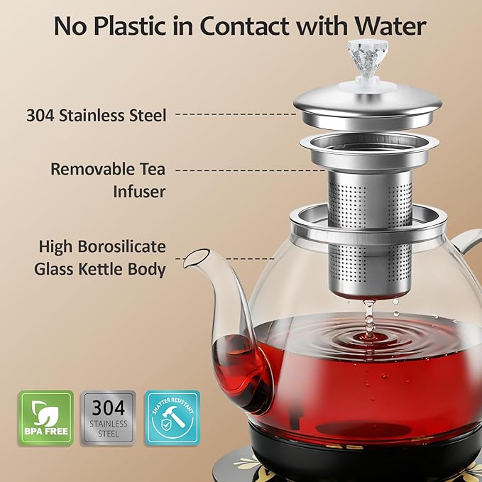 HHT Electric Tea Maker with Infuser, ±1℉ Precise Temperature Control, Glass Electric Kettle for Herbal,Flowers,Fruit Tea and Loose Leaf,BPA-Free,Auto Shut-Off,Brewing Program,Keep Warm,0.8L/27oz Black