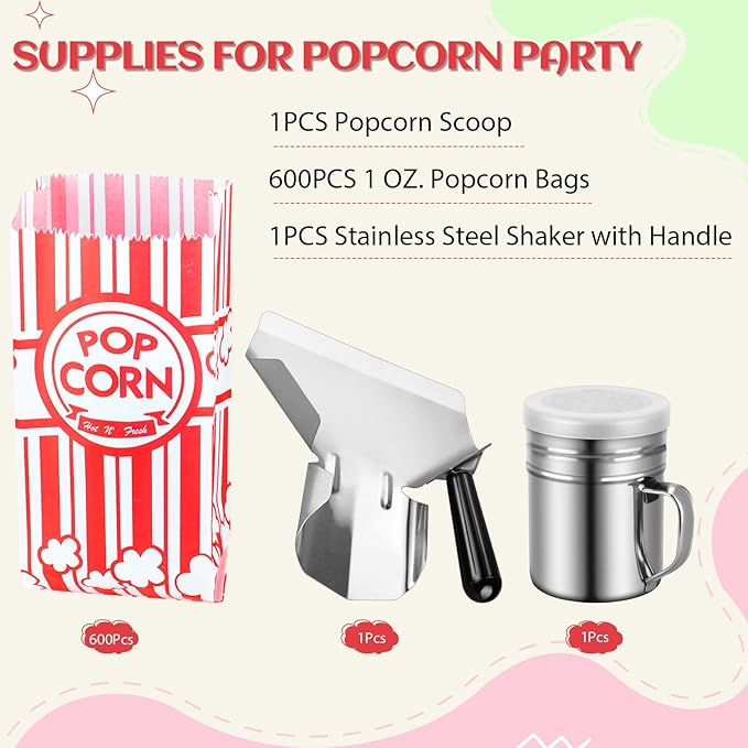 Essenya 202 Pcs Popcorn Bags with Popcorn Scoop and Salt Shaker,1 oz Small Pop Corn Bags Popcorn Bags Individual Servings for Popcorn Machine Supplies Party Movie Night Theater