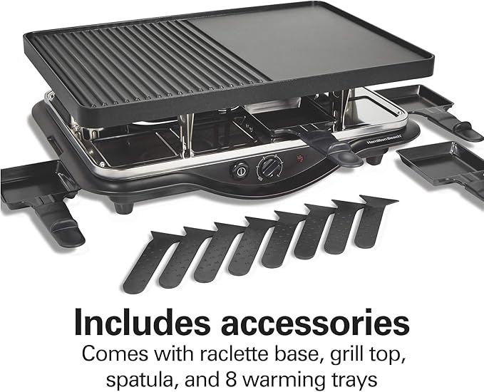 Hamilton Beach Electric Indoor Raclette Table Grill, 200 sq. in. PFAS-Free Nonstick Griddle Serves up to 8 People for Parties and Family Fun, Includes 8 Warming Trays, Black (31612MN-MX)