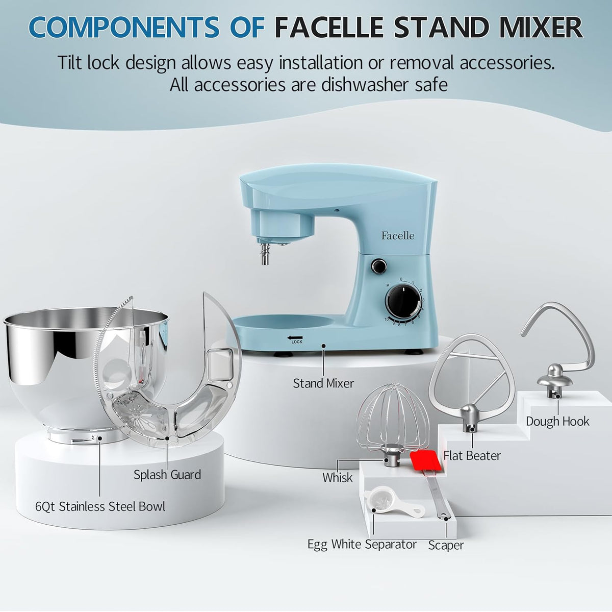 Facelle Stand Mixer, 10-Speed 6QT Kitchen Electric Mixer, Tilt-Head Food Mixer with Beater, Dough Hook, Wire Whip and Egg Separator, scraper for Most Home Cooks - Blue