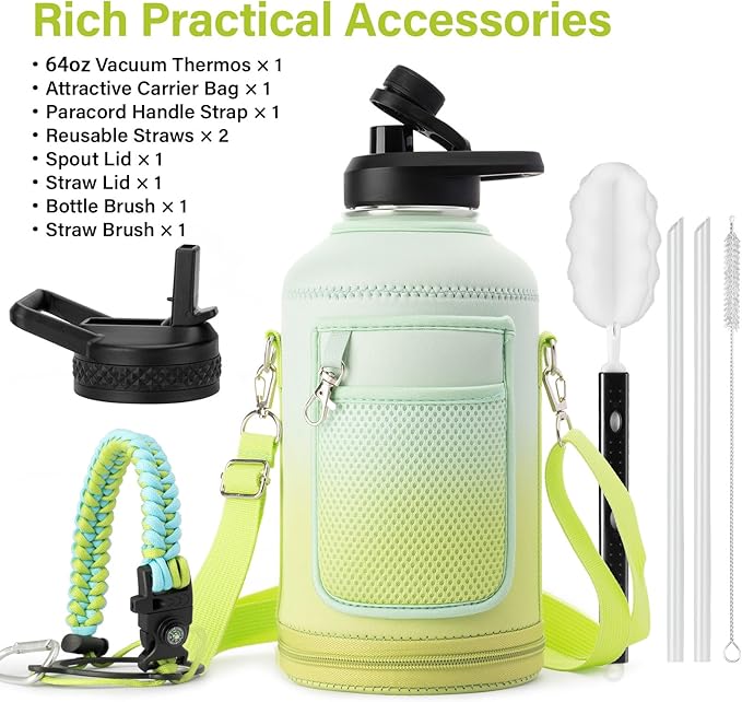 DYSANKY Insulated Water Bottle | Thickened Stainless Steel Vacuum Metal | Portable Sports Half Gallon Large Water Jug for Gym and Hiking with Straw, Carrier Bag, Handle Strap | BPA-Free 64 oz