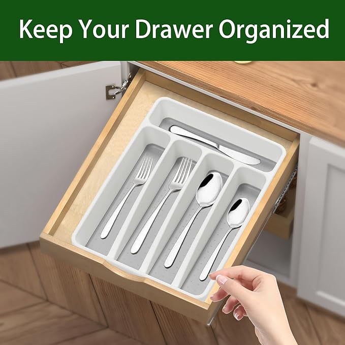 Silverware Organizer 2 Pieces Utenisl Organizer Holder Kitchen Drawer Organizer Plastic Silverware Tray for Drawer Flatware Organizer 5 Compartment White