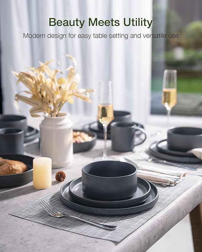 Famiware Star Dinnerware Set with Mugs, Service for 6 (24 Pieces), Ribbed Stoneware Plates and Bowls Dishes Sets - Chip & Scratch Resistant, Microwave & Dishwasher Safe, Matte Dark Charcoal