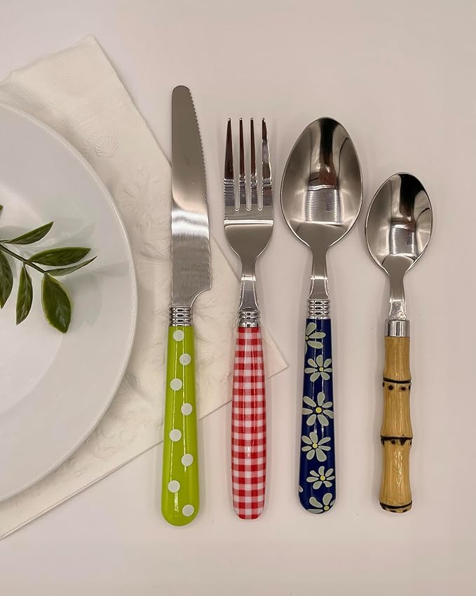 The Original Brink House Eclectic Collection Mix & Match Stainless Steel Cutlery Set with Multicolored Handles / 16 pieces with Metal Stand/Lifestyle utensils for home, apartment, dorm, outdoor