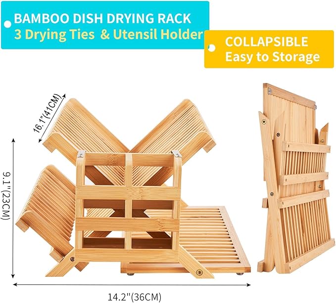 Bamboo Dish Drying Rack, 3 Tier Collapsible Wooden Dish Drainer Rack with Utensil Holder, Plate Rack for Kitchen Counter, Large Folding Drying Holder 51 pcs Grid