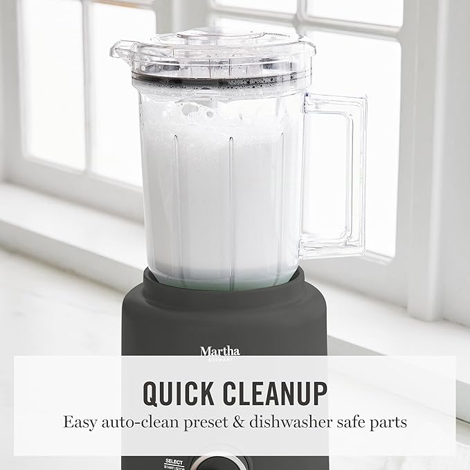 Martha Stewart 50oz Countertop Blender, Smoothie, Margarita & Ice Crushing Blender, BPA-Free Pitcher, 3 Speeds, 5 Presets, Auto-Clean Function, Dishwasher Safe, Stainless Steel Blades, Caviar Gray
