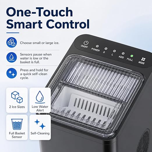Countertop Ice Maker Machine, 9 PCS/ 6Mins Compact Nugget Ice Maker, 2 Size Ice Cube, Self Cleaning, for Home Kitchen Office Bar RV Apartment Camping White