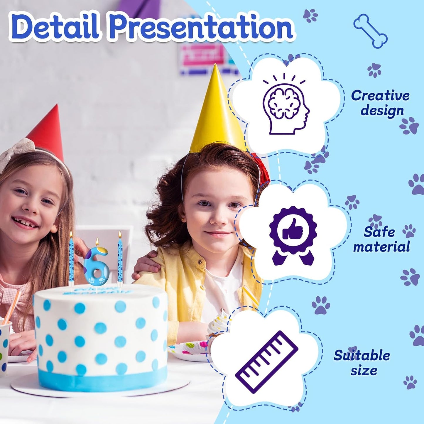 13PCS Blue Dog Paw Birthday Candles Set Cake Topper Numeral Birthday Candles for Boy Girl Dog Paw Decoration(Number 6)